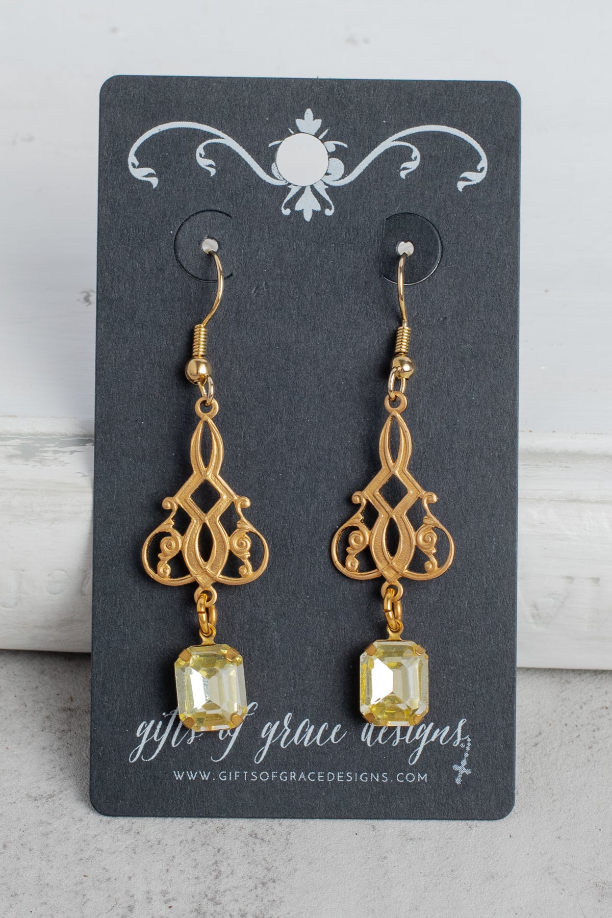 Filigree and Rectangle Yellow Crystal Earrings