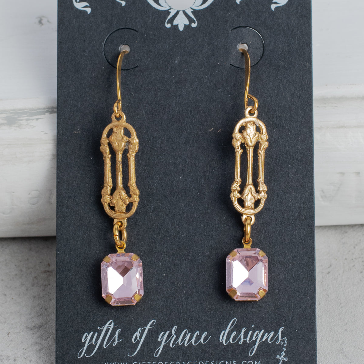 Gold Filigree with Pink Crystal Earrings