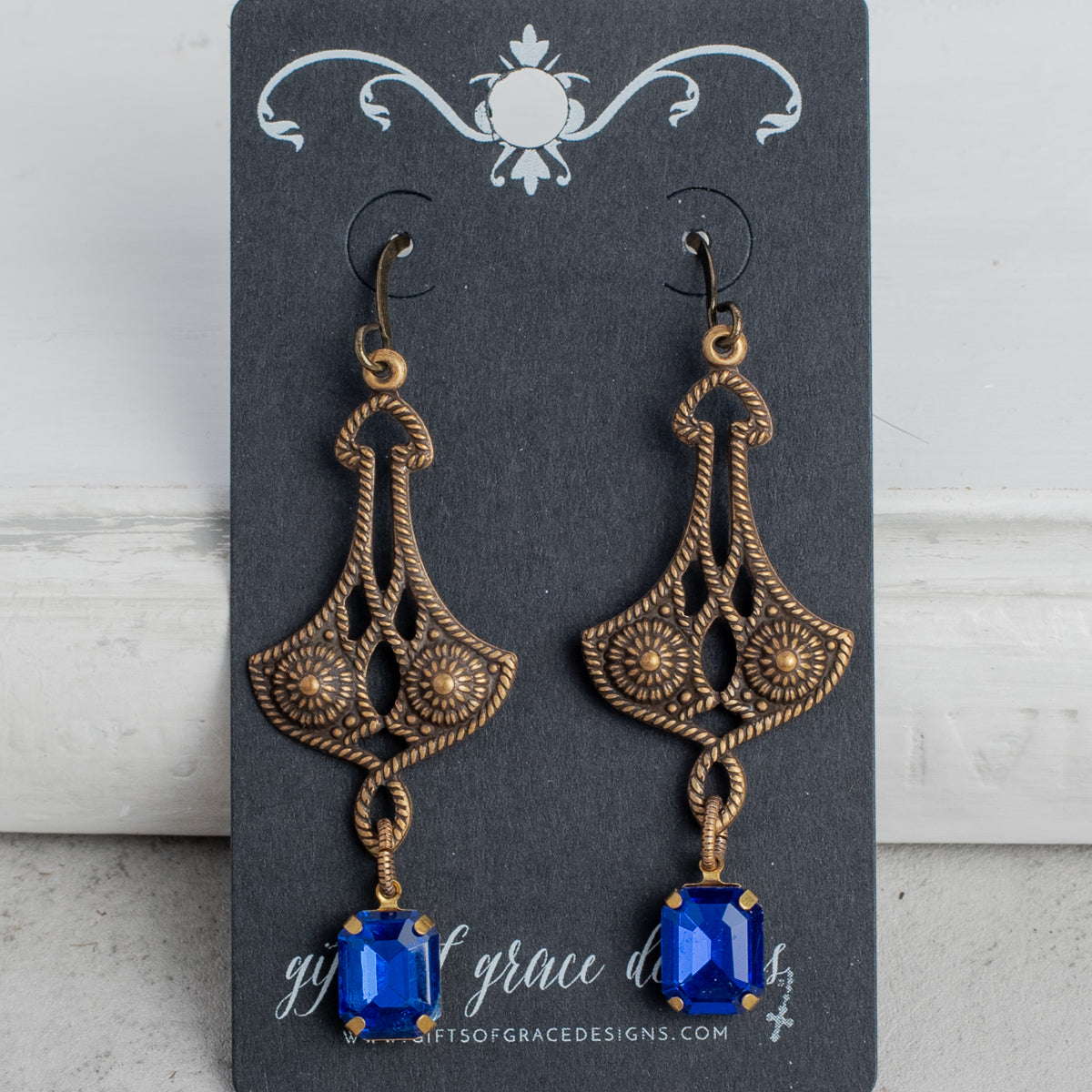 Bronze Filigree and Rectangle Blue Crystal Earrings