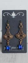 Bronze Filigree and Rectangle Blue Crystal Earrings