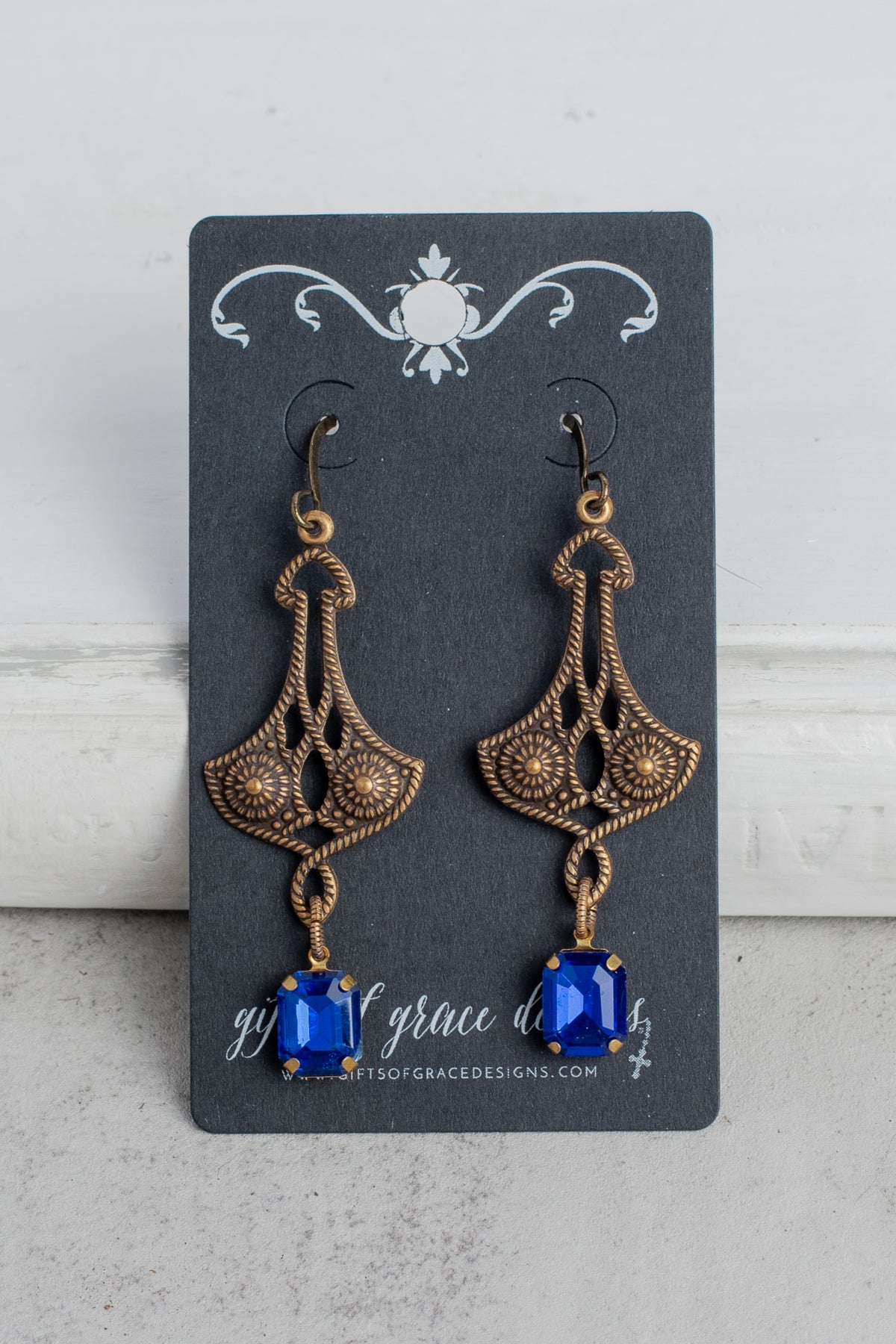 Bronze Filigree and Rectangle Blue Crystal Earrings