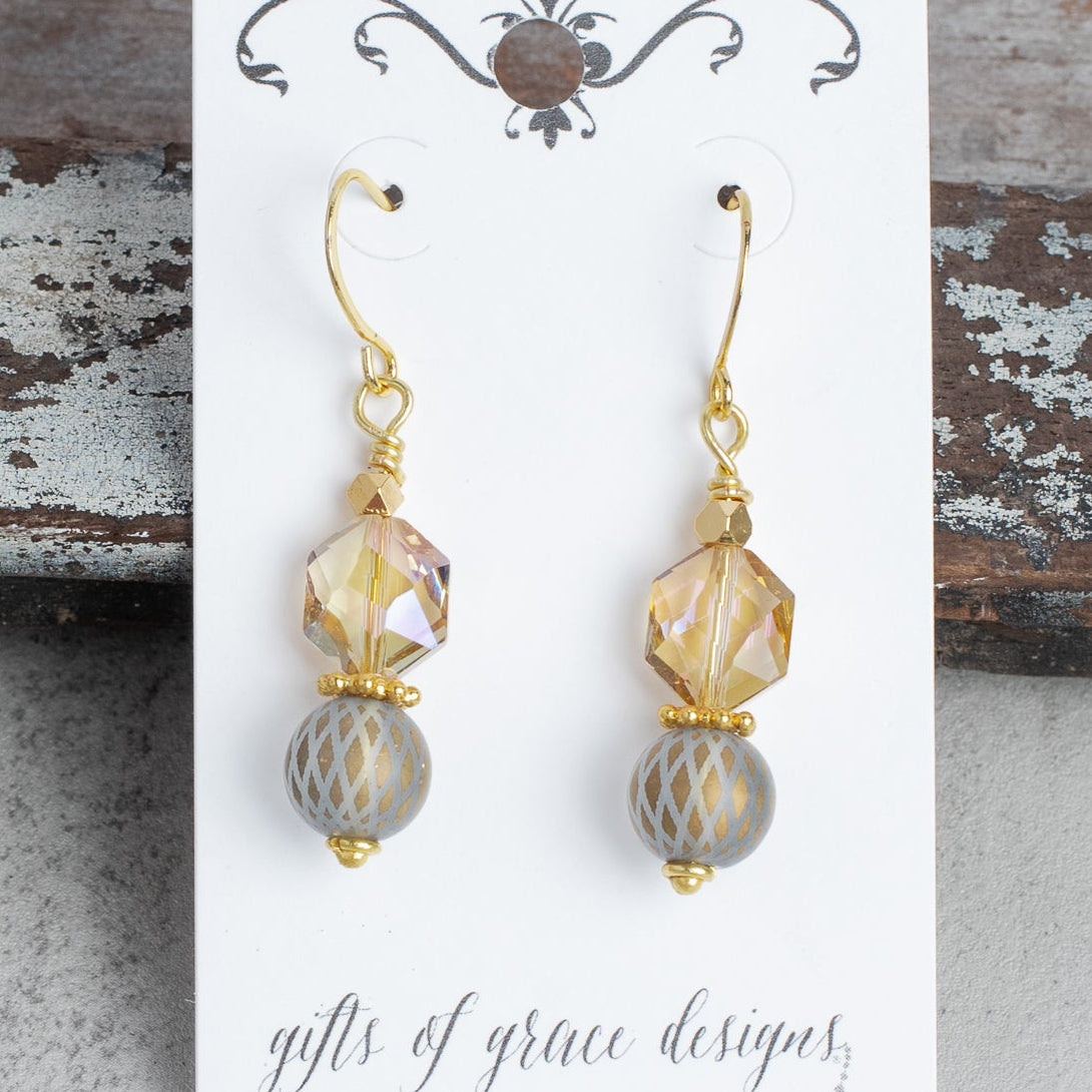 Octagonal Crystal Gold  Earrings