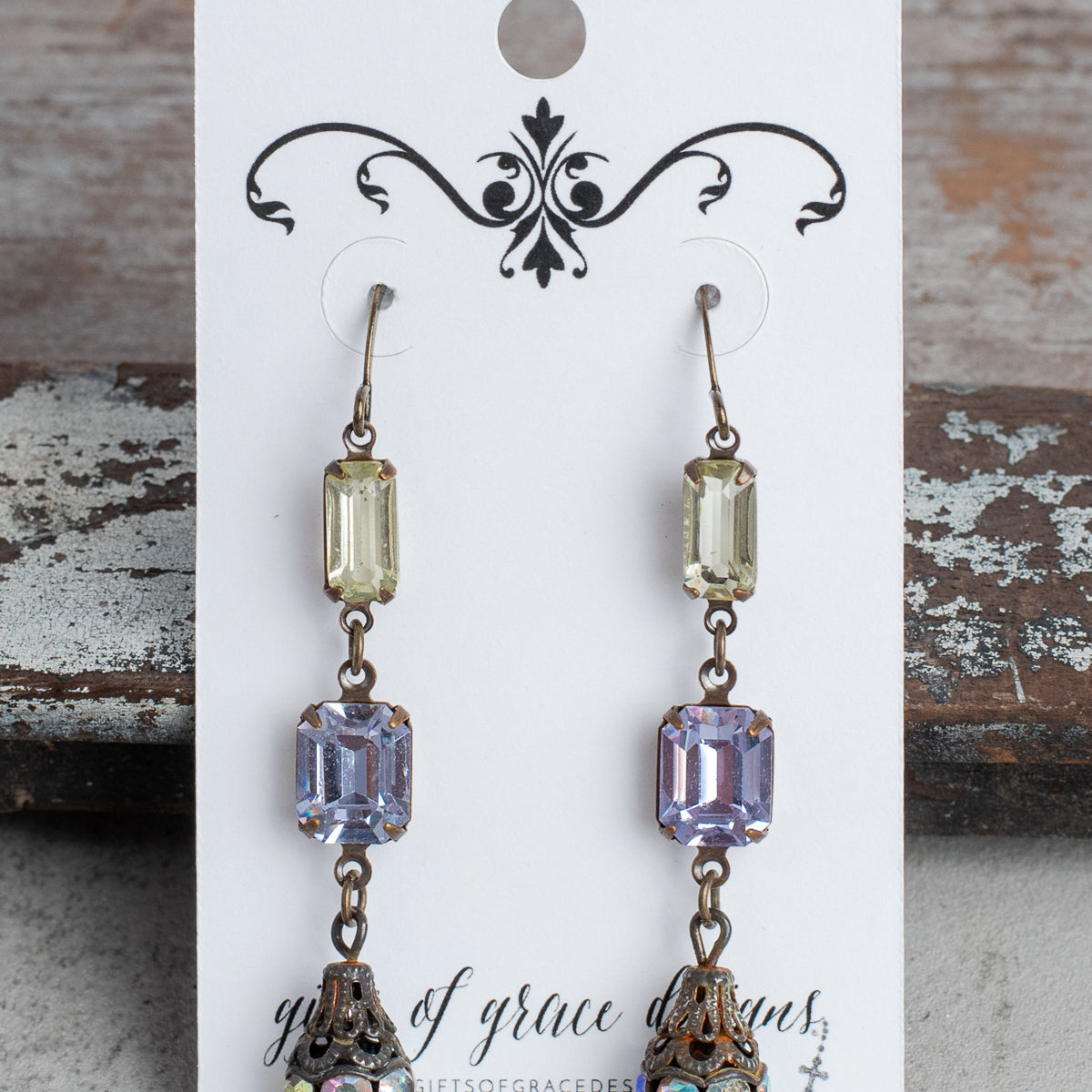 Bronze Filigree and Multi Crystal Long Vintage Earrings