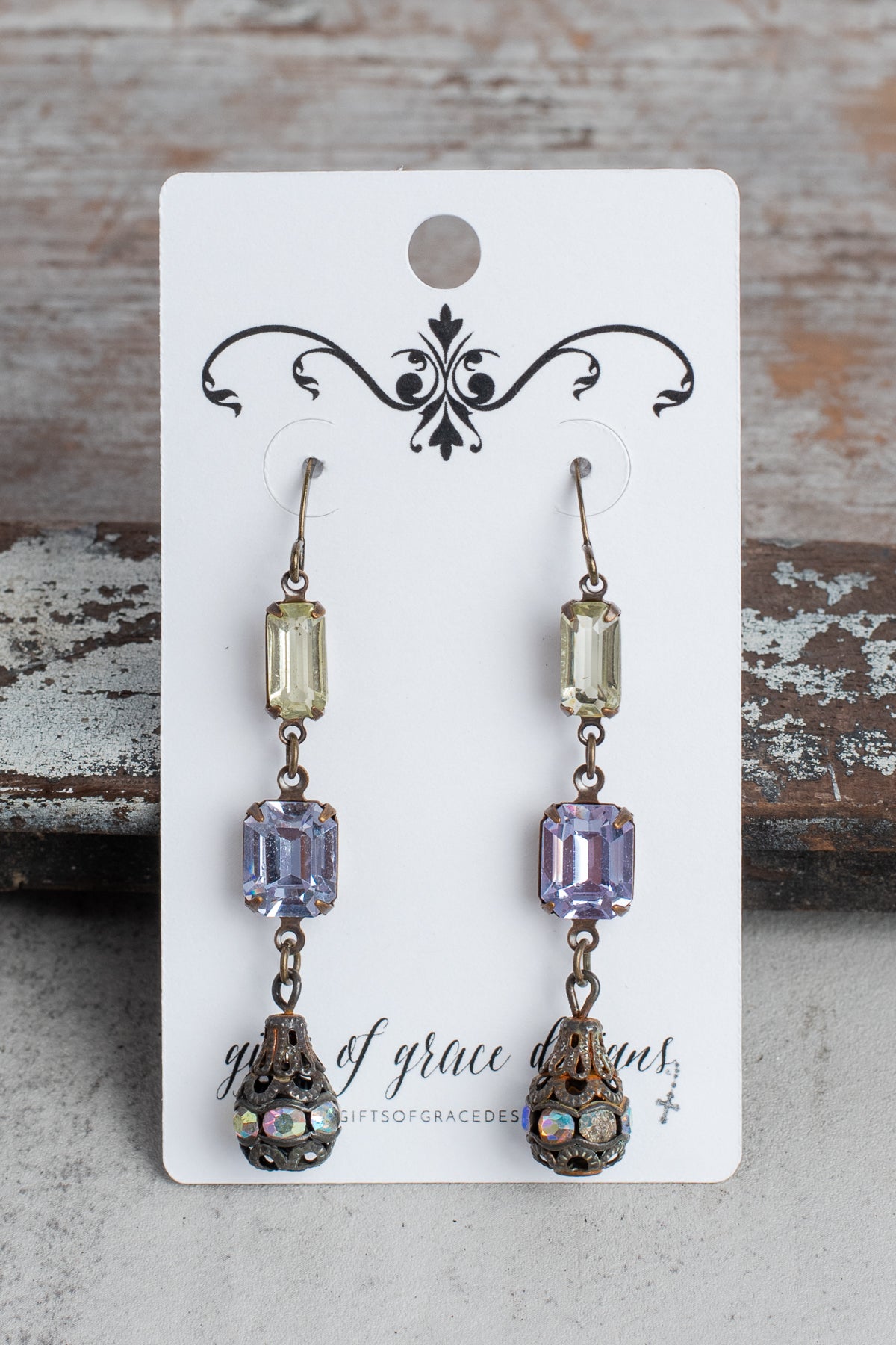 Bronze Filigree and Multi Crystal Long Vintage Earrings