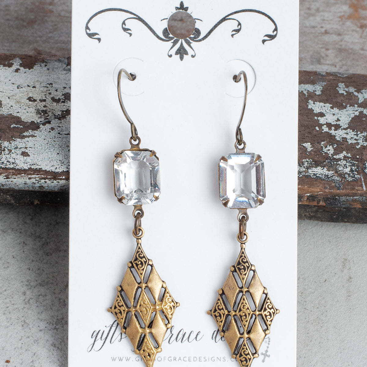 Bronze Filigree and Rectangle Clear Crystal Earrings