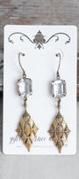 Bronze Filigree and Rectangle Clear Crystal Earrings