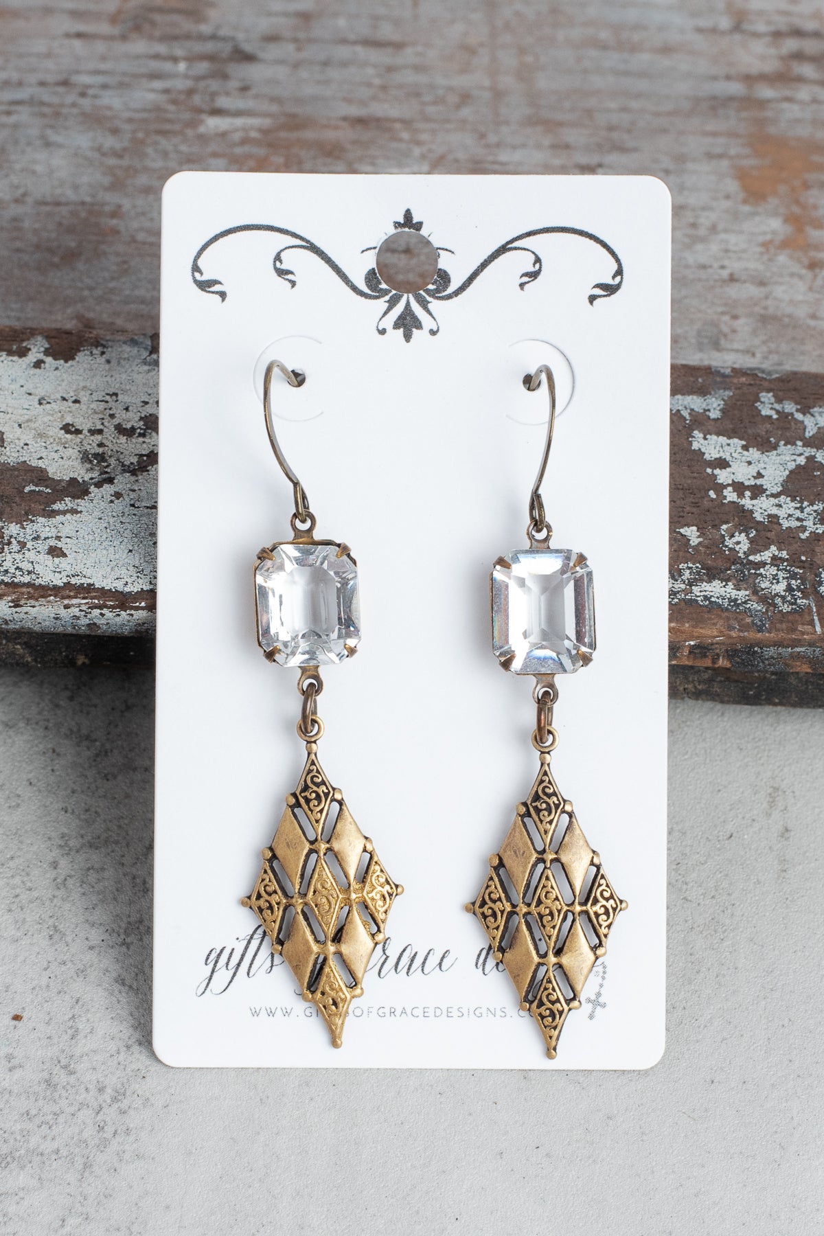 Bronze Filigree and Rectangle Clear Crystal Earrings