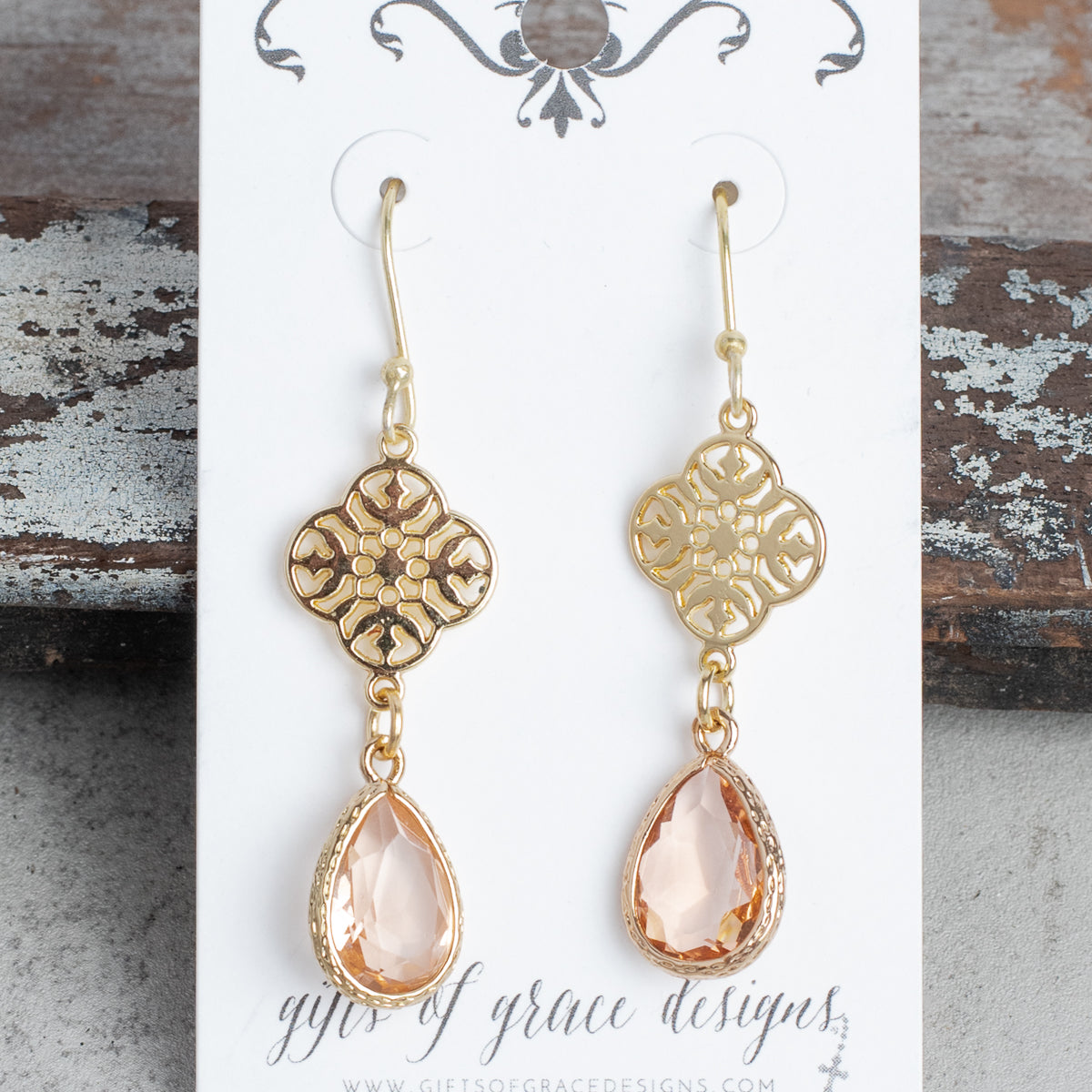 Filigree and Peach Teardrop Crystal Gold Earrings