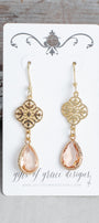 Filigree and Peach Teardrop Crystal Gold Earrings
