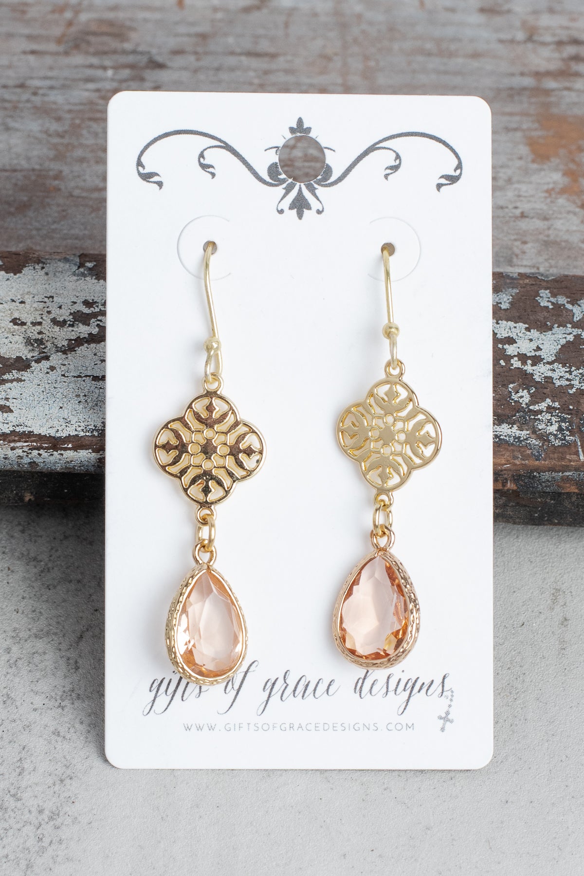 Filigree and Peach Teardrop Crystal Gold Earrings