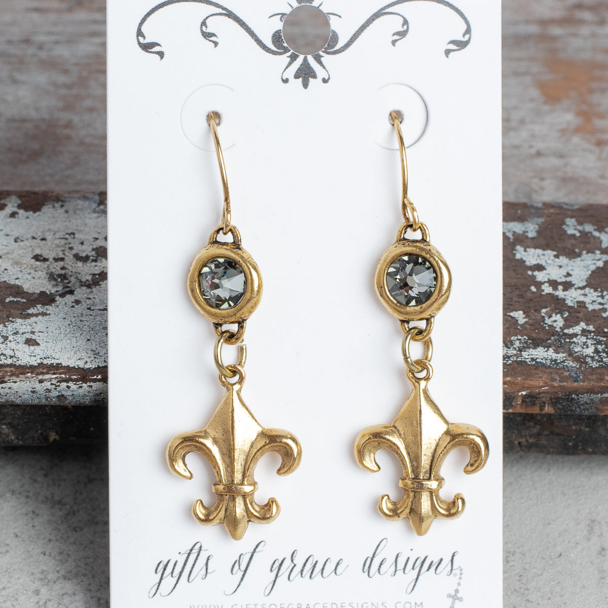 Fleur de Lis and Gray Crystal Gold Plated Earrings