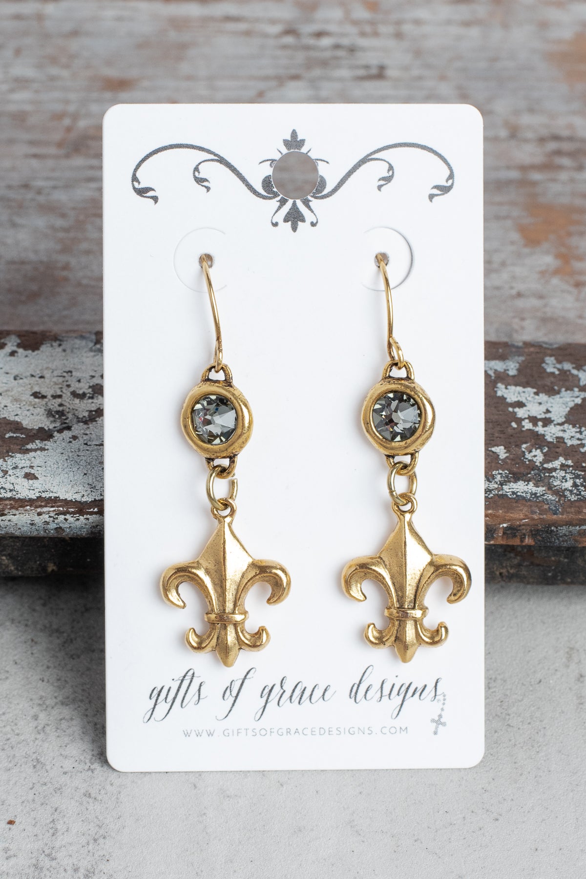 Fleur de Lis and Gray Crystal Gold Plated Earrings
