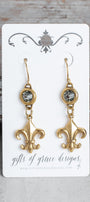 Fleur de Lis and Gray Crystal Gold Plated Earrings