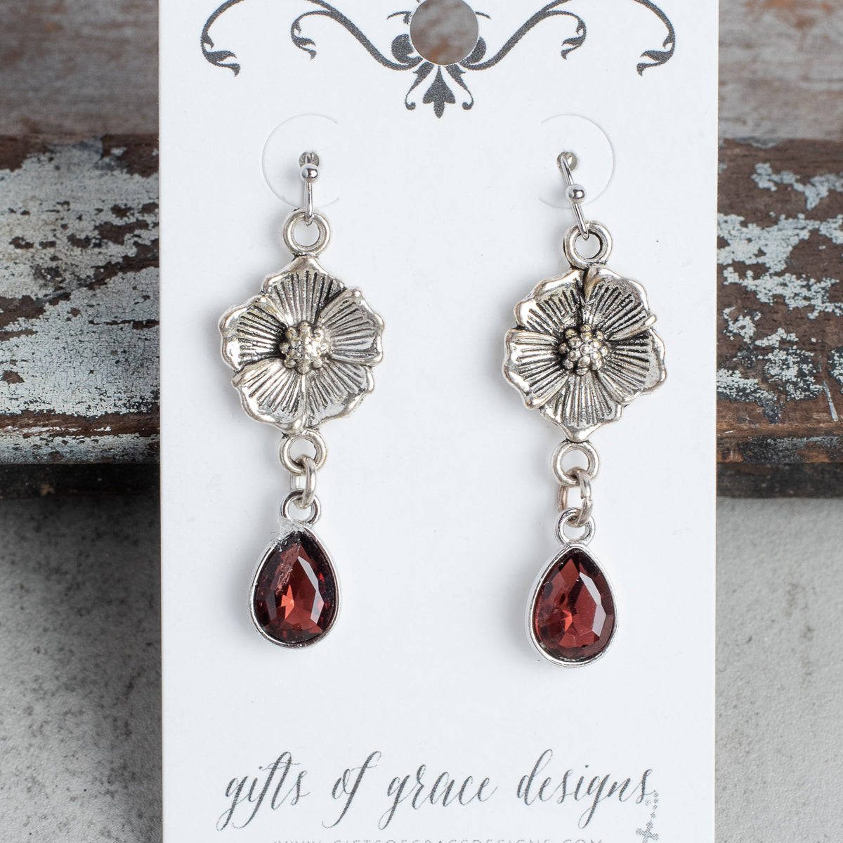 Silver Floral Round Filigree with Red Crystal Drop Earrings