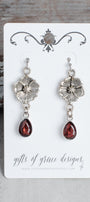 Silver Floral Round Filigree with Red Crystal Drop Earrings