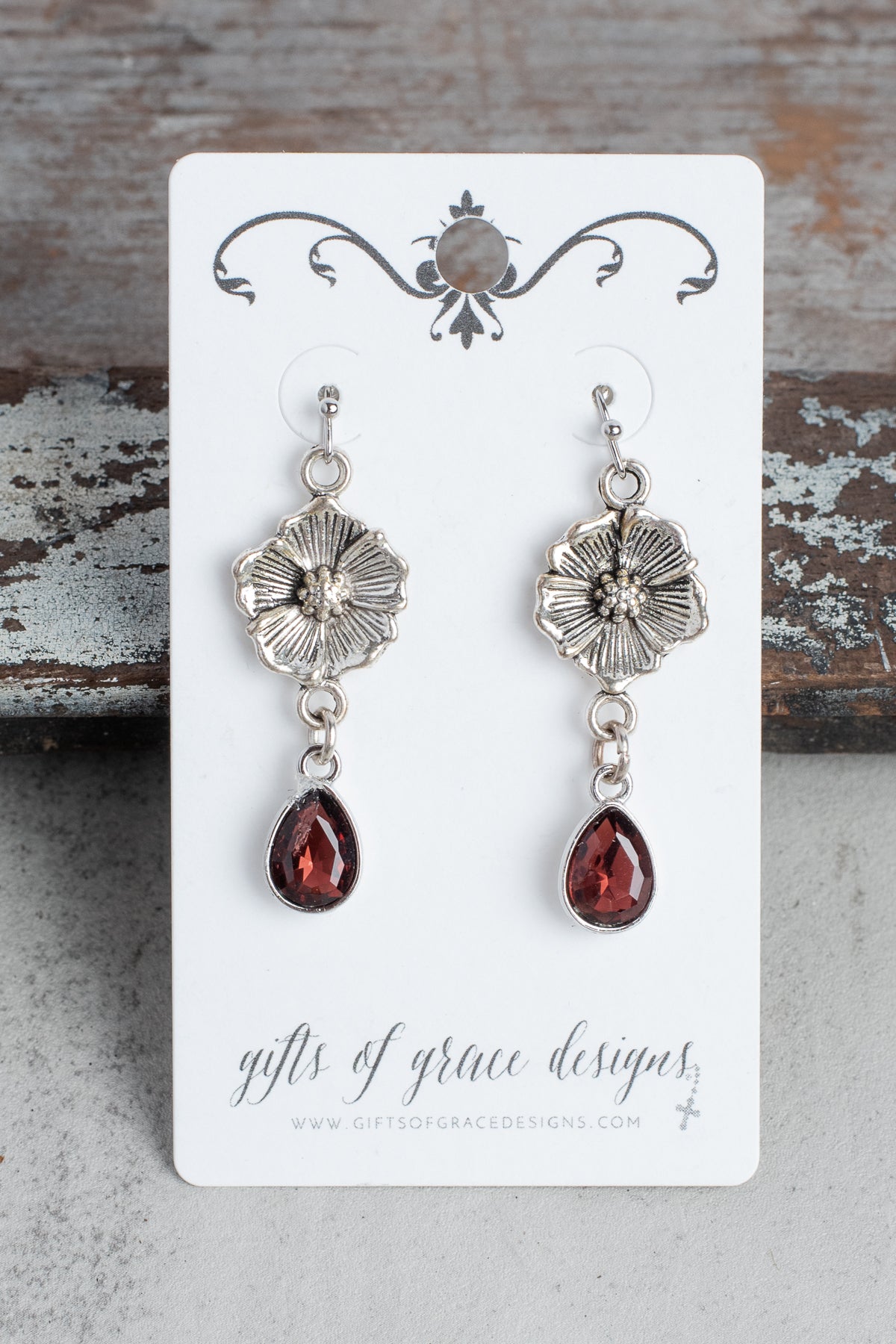 Silver Floral Round Filigree with Red Crystal Drop Earrings