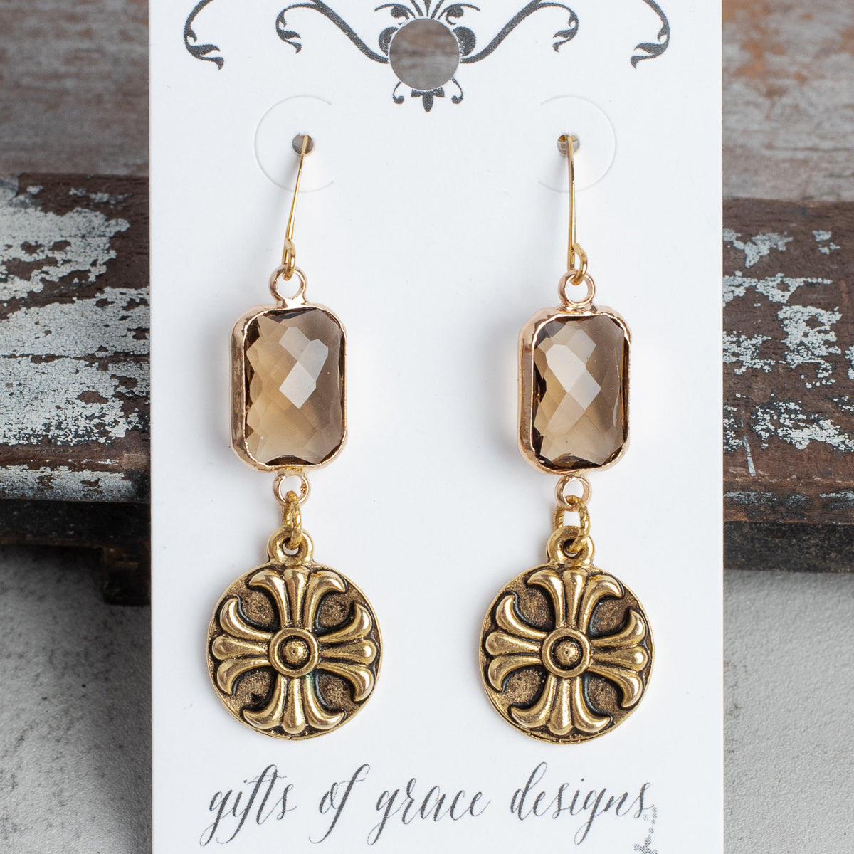 Maltese Cross and Brown Crystal Gold Earrings