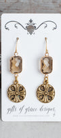 Maltese Cross and Brown Crystal Gold Earrings