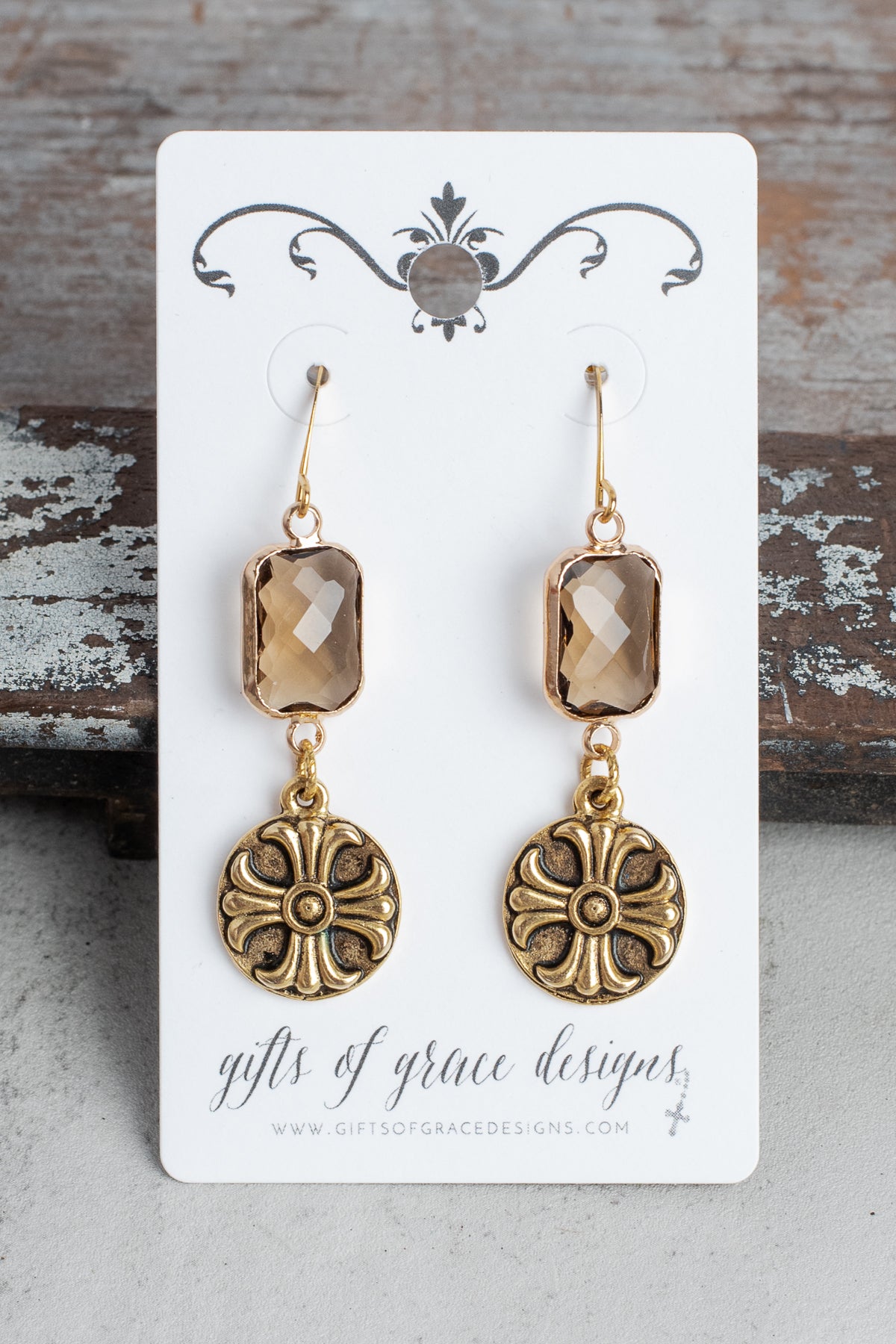 Maltese Cross and Brown Crystal Gold Earrings