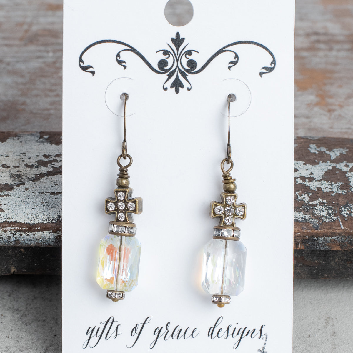 Bronze Pave Cross and Crystal Earrings