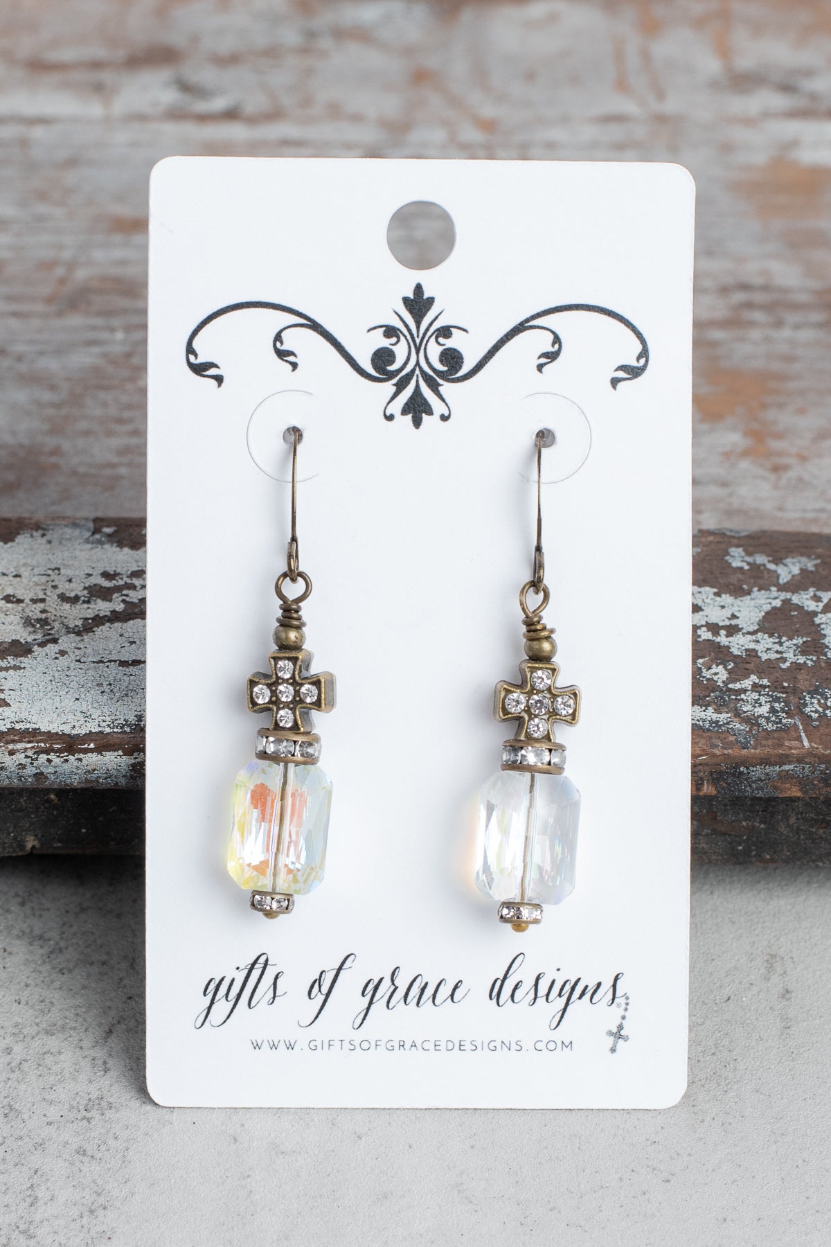 Bronze Pave Cross and Crystal Earrings