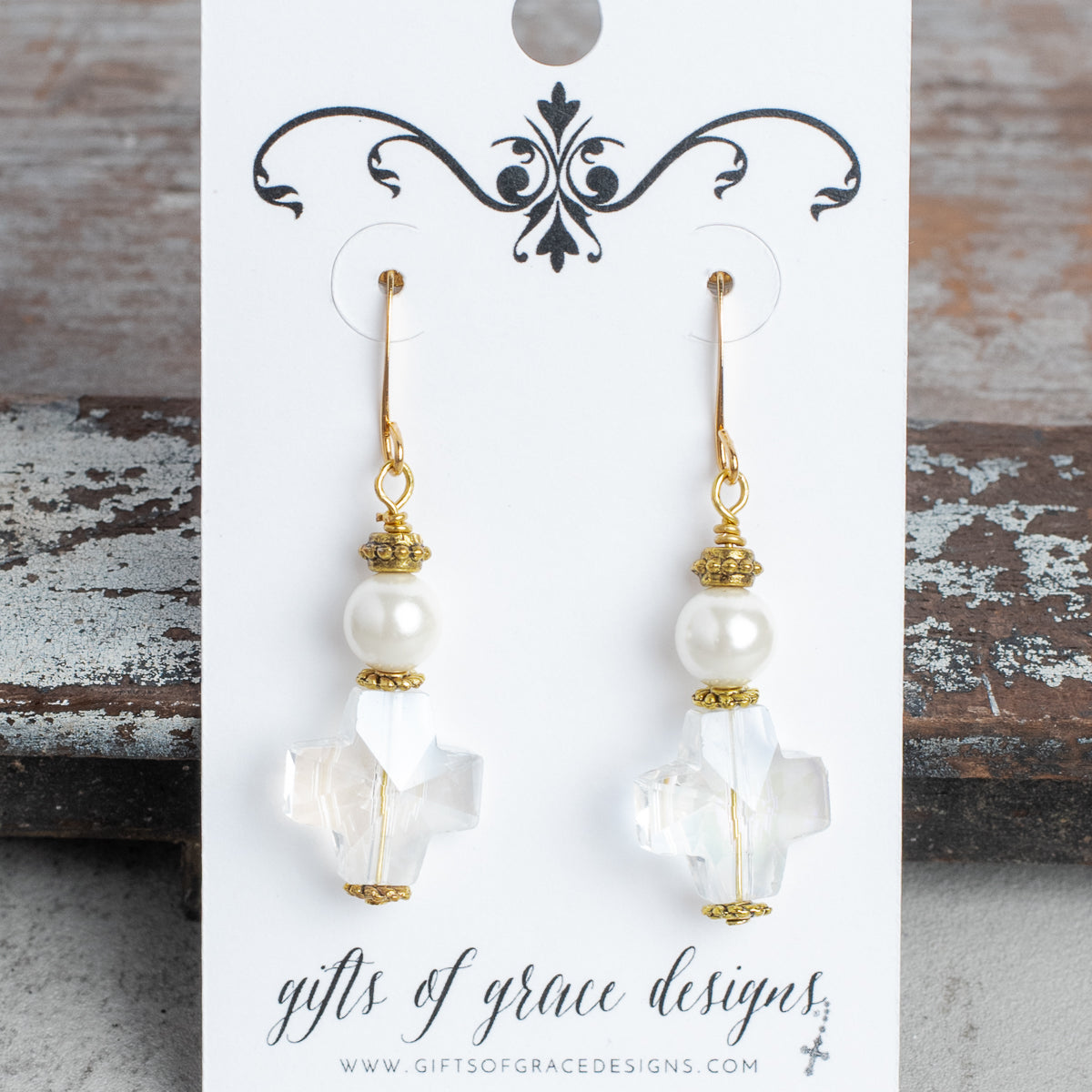 White Pearl and Crystal Cross Earrings