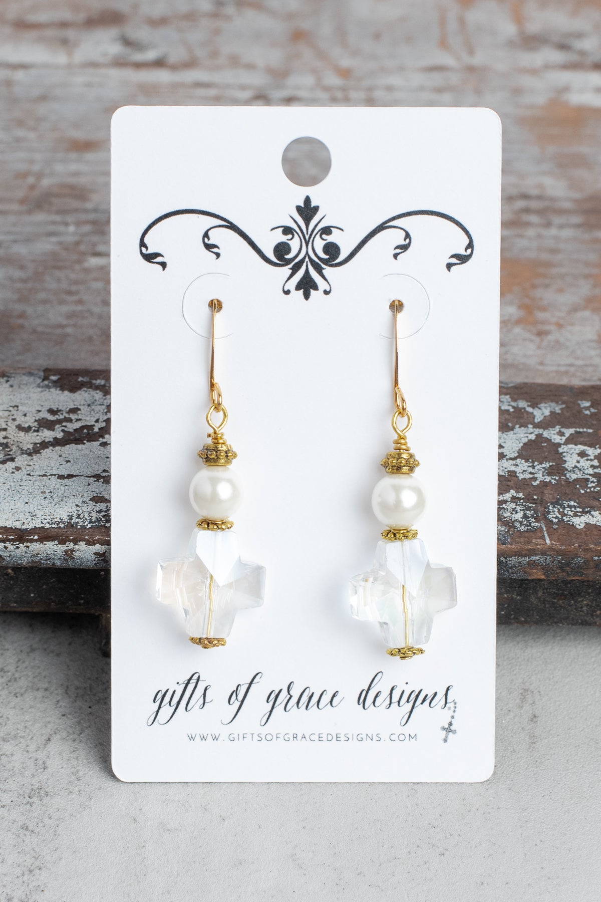 White Pearl and Crystal Cross Earrings