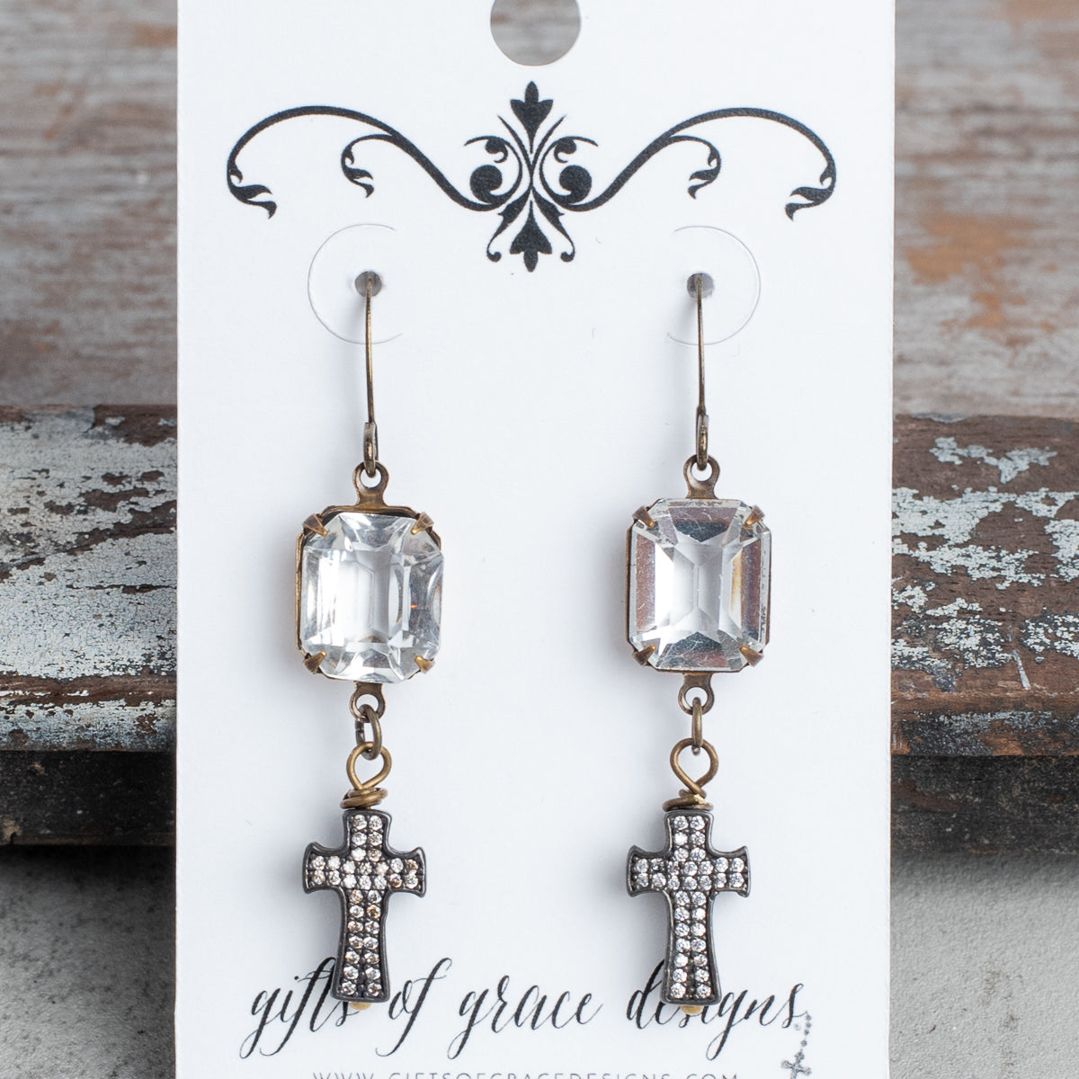 Bronze Crystal and Pave Cross Earrings