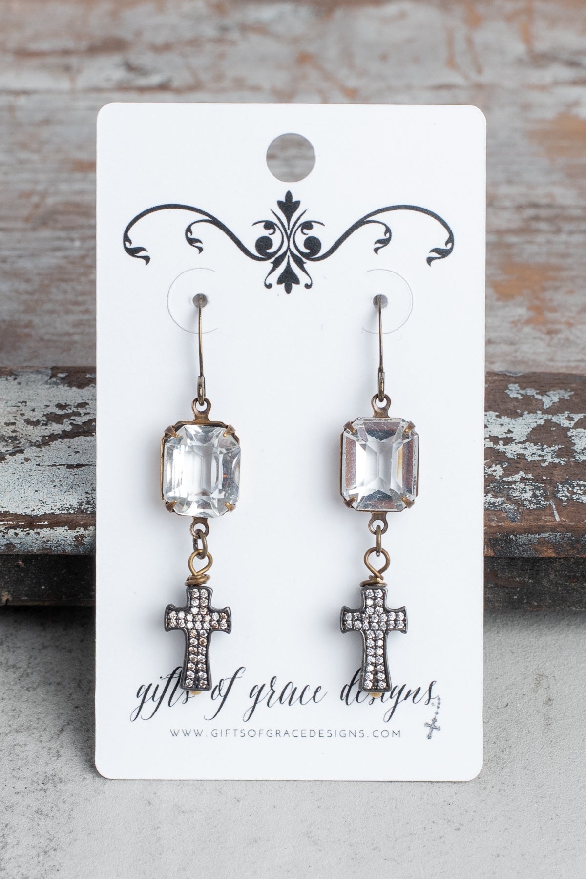 Bronze Crystal and Pave Cross Earrings