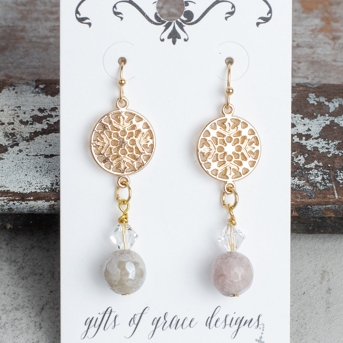 Gold Round Filigree with Crystal and Jasper Drops