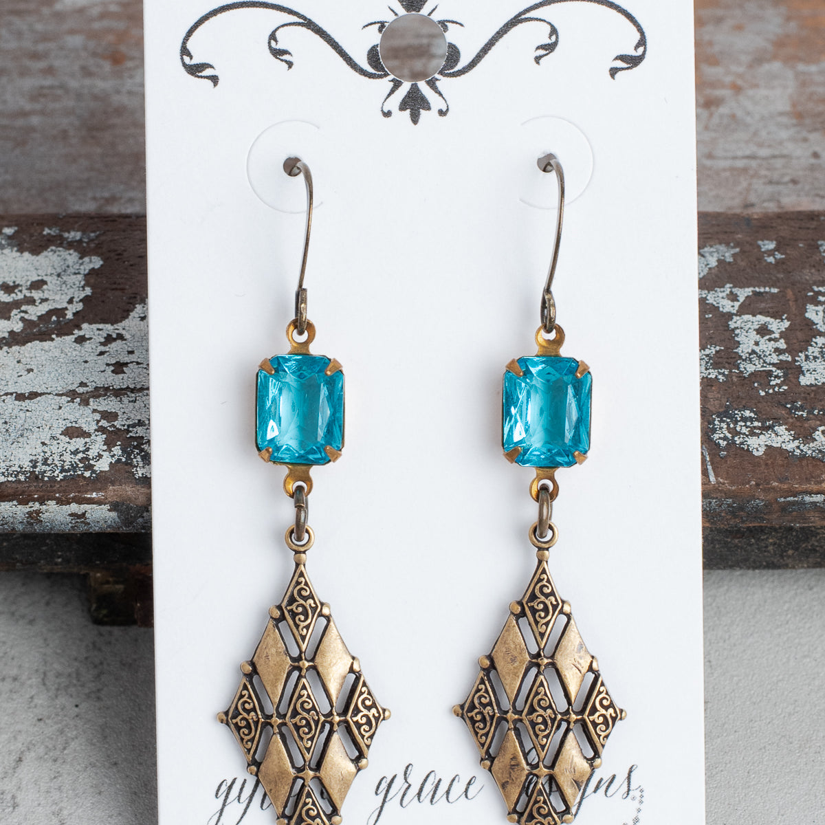 Bronze Filigree and Rectangle Crystal Earrings