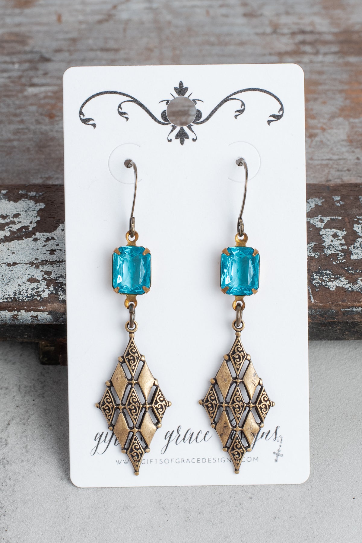 Bronze Filigree and Rectangle Crystal Earrings
