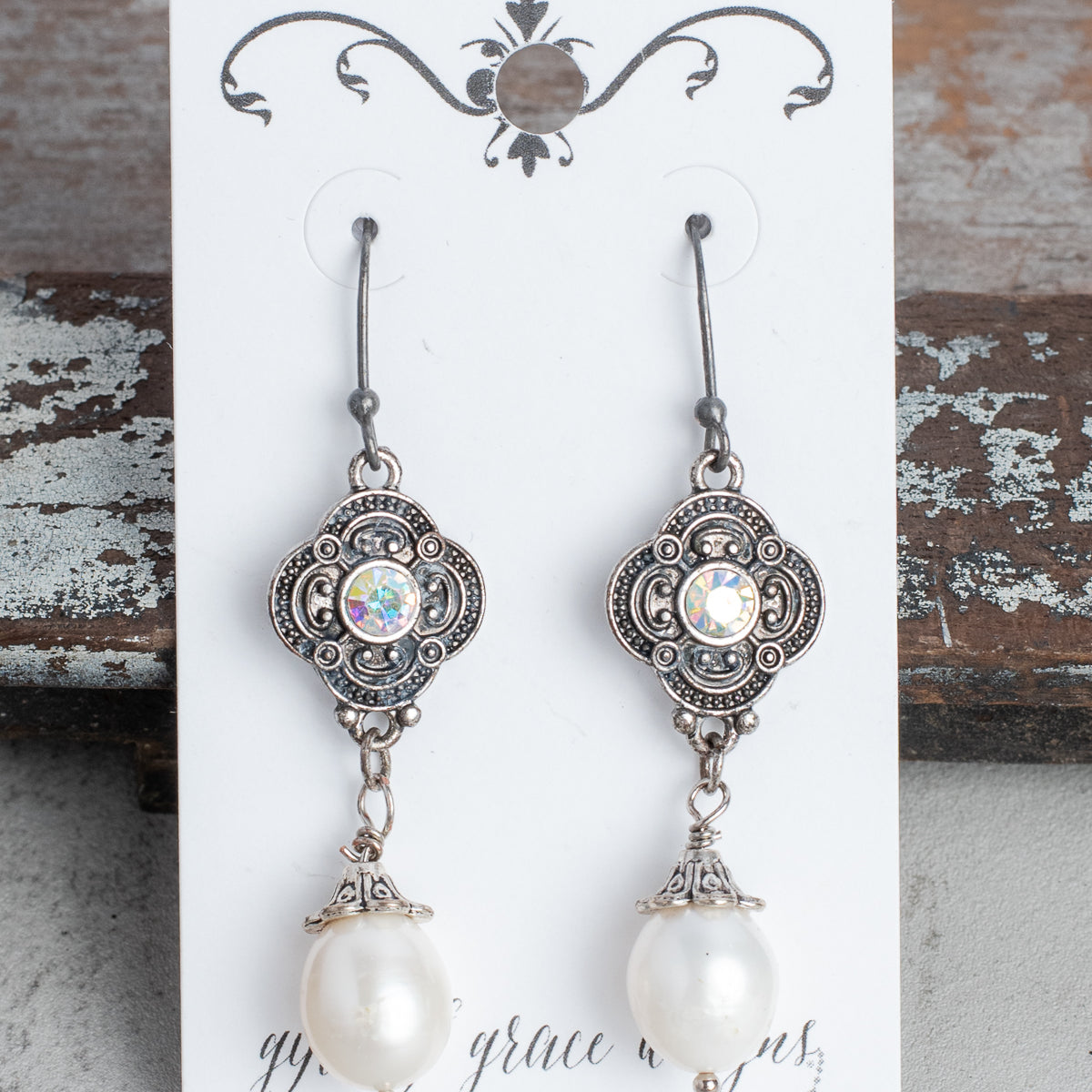 Vintage Silver Quatrefoil with Large Freshwater Pearl Earrings