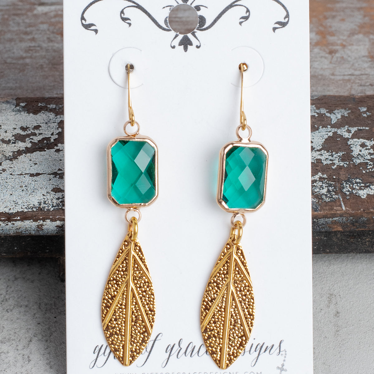 Green Crystal Gold Leaf Dangle Earrings