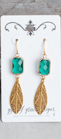 Green Crystal Gold Leaf Dangle Earrings