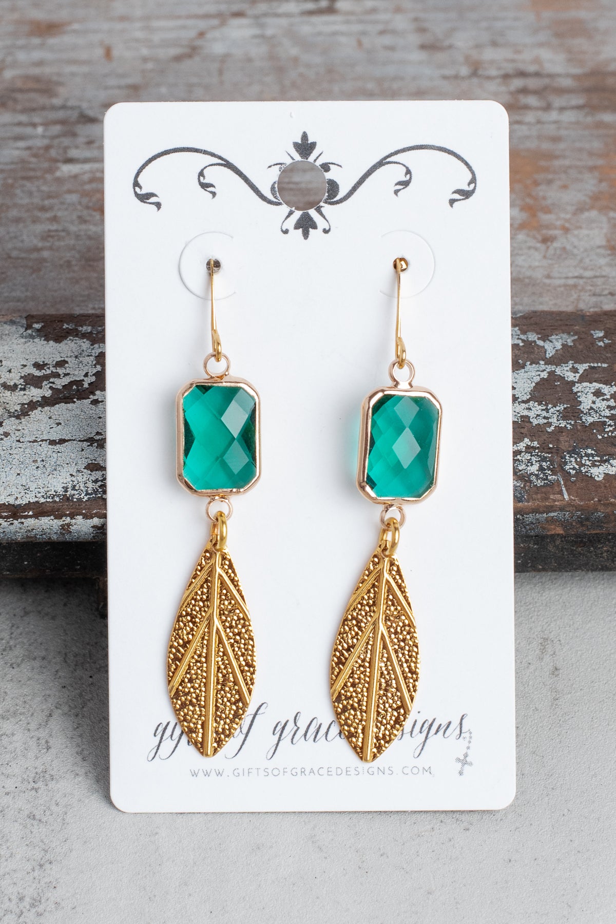 Green Crystal Gold Leaf Dangle Earrings