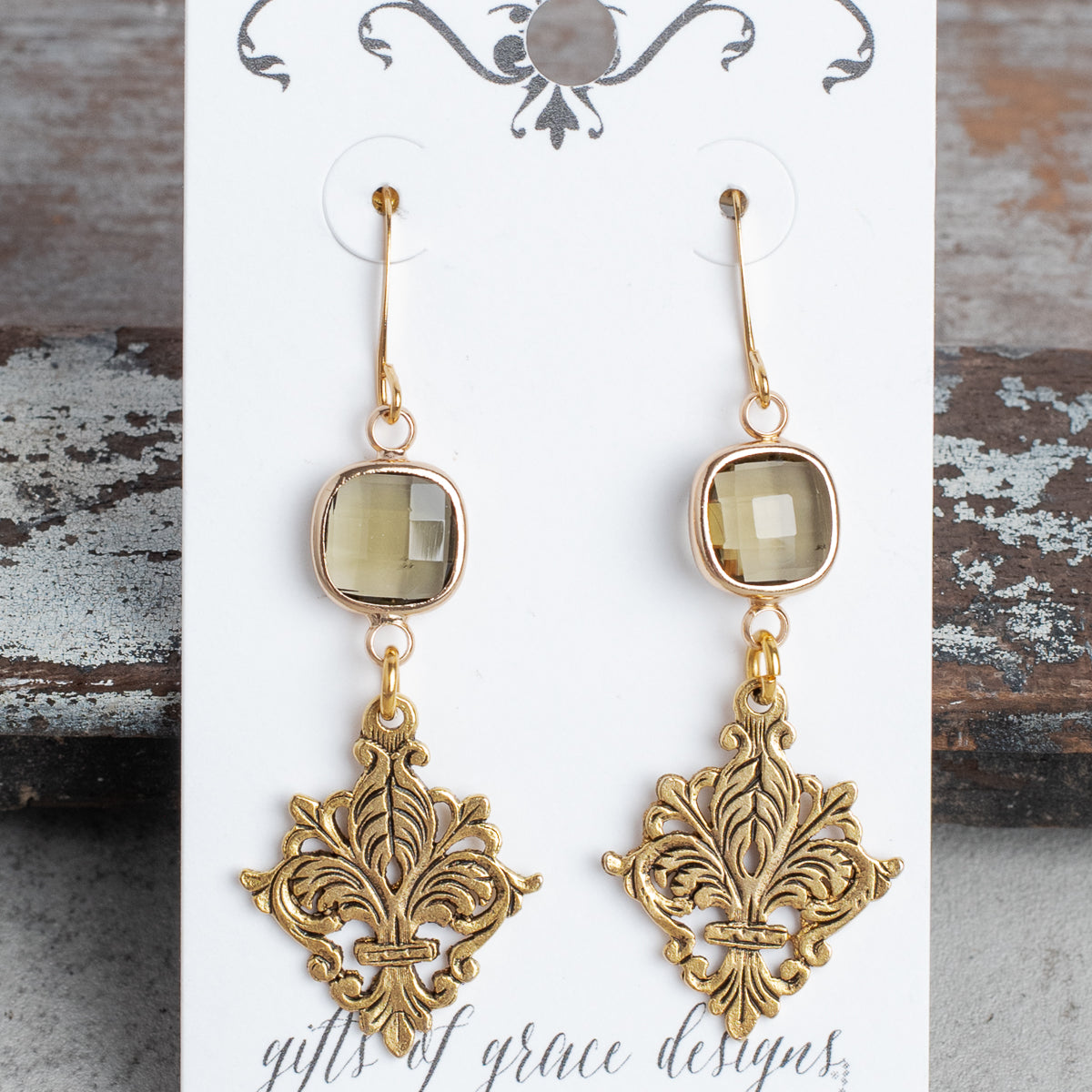 Fleur de Lis and Crystal Gold Earrings
