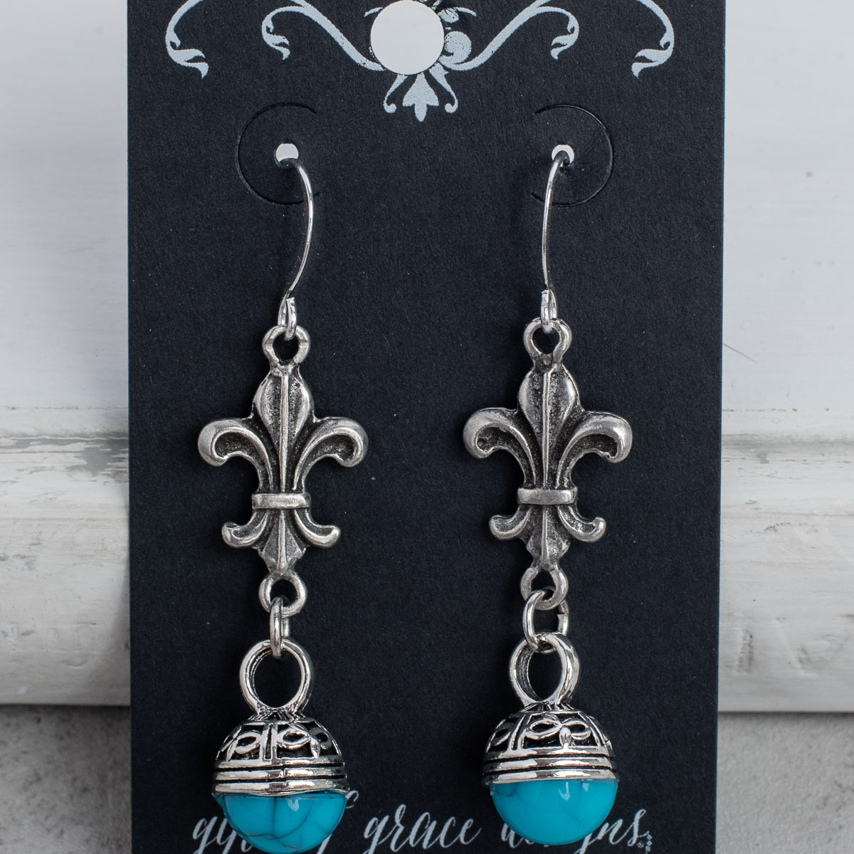 Silver Fleur de Lis and Turquoise Bead Earrings