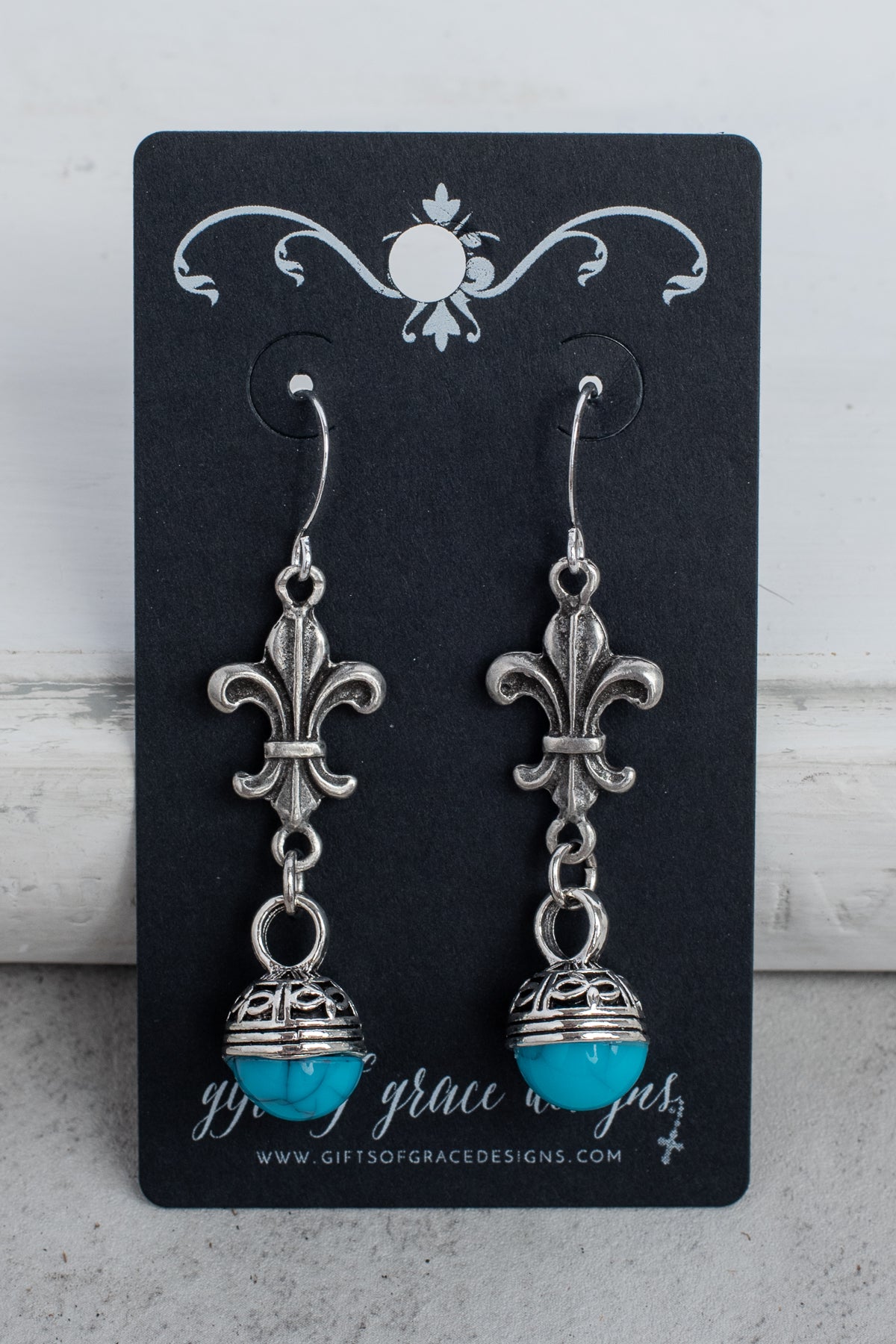 Silver Fleur de Lis and Turquoise Bead Earrings