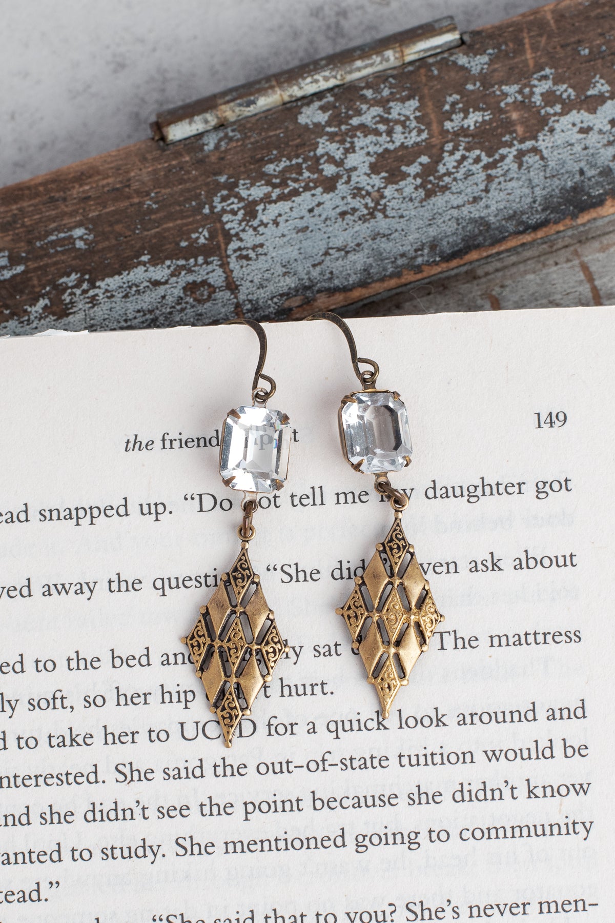 Bronze Filigree and Rectangle Clear Crystal Earrings