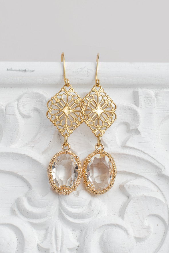 Gold Fancy Filigree and Oval Crystal Earrings