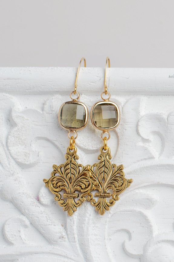 Fleur de Lis and Crystal Gold Earrings
