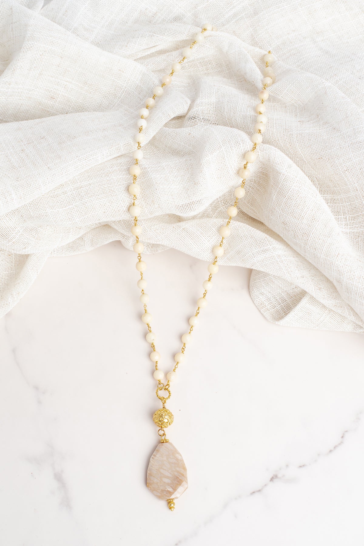 Natural Agate Stone on Ivory Opaque Jasper Rosary Necklace