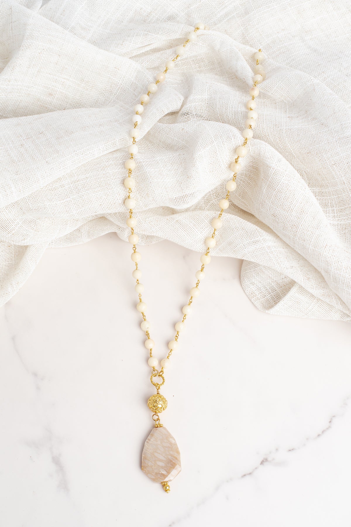 Large Agate Neutral Colored Stone on Ivory Opaque Jasper Rosary Chain Necklace (Copy)