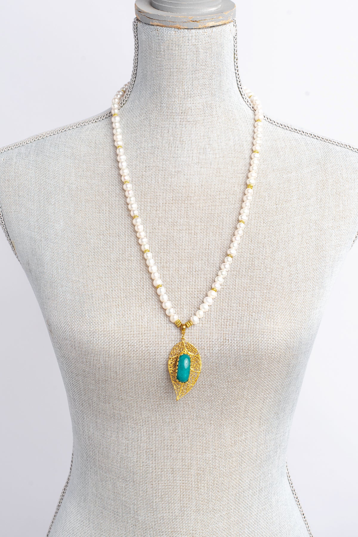 Gold Filligree Leaf with Amazonite Stone Pendant on White Freshwater Pearl Necklace