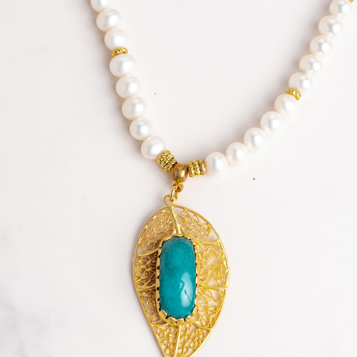 Gold Filligree Leaf with Amazonite Stone Pendant on White Freshwater Pearl Necklace