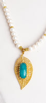 Gold Filligree Leaf with Amazonite Stone Pendant on White Freshwater Pearl Necklace