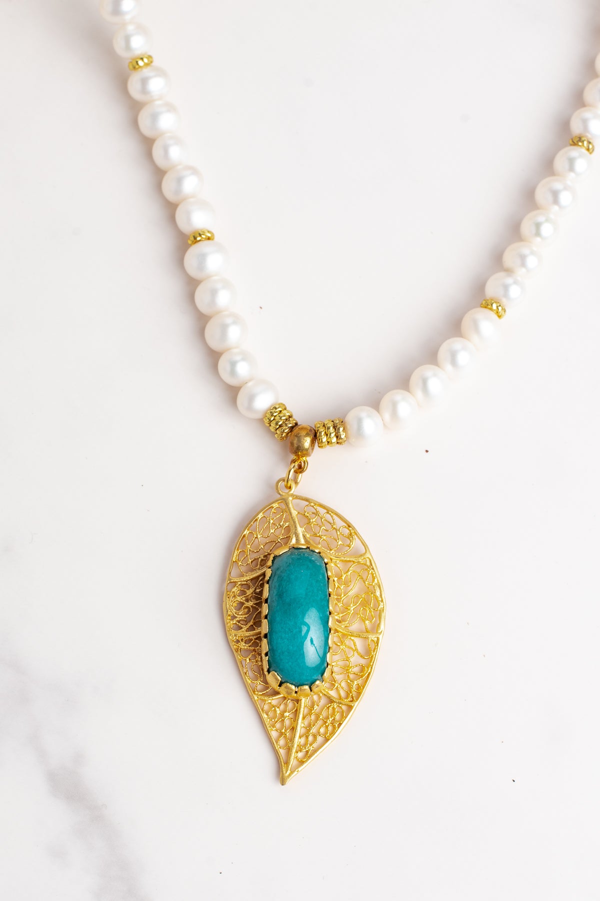 Gold Filligree Leaf with Amazonite Stone Pendant on White Freshwater Pearl Necklace