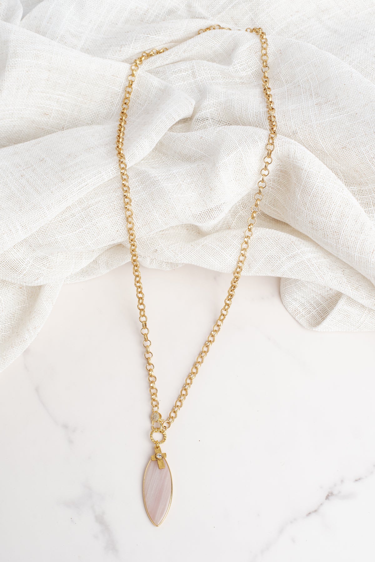 Rose Quartz Gemstone Chain Necklace with a Gold Cross and Crystal