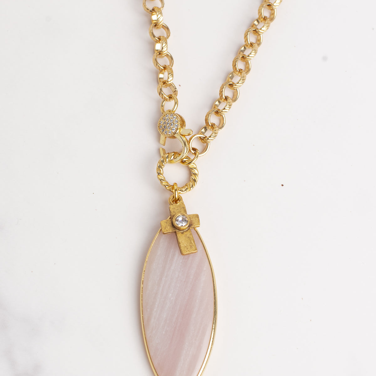 Rose Quartz Gemstone Chain Necklace with a Gold Cross and Crystal